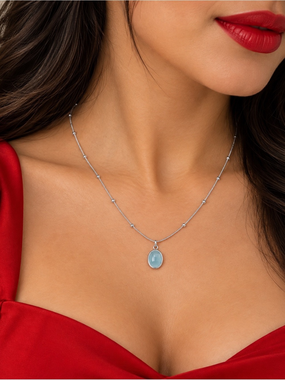 Silver Necklace with Blue Oval Pendant